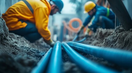 Workers in uniforms and helmets lay fiber optic cables for internet in the city.