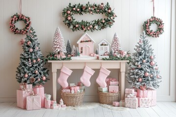 Stylish Christmas console table decorated with pastel pink and beige accents