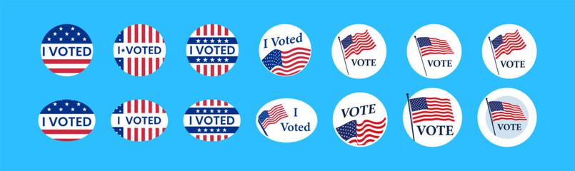 Vote buttons on election day. I voted sticker set. Circle vote badge or label.