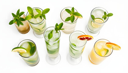 Different types of mojitos in glass glasses on a white background. View from above isolated with white highlights, png