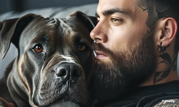 Close-up of an attractive muscular man with tattoos and beard sitting on the couch, hugging his Cane Corso dog in a home environment, sadness, tenderness, mutual understanding, friendship, love