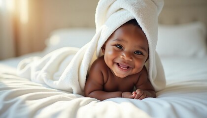 Portrait of a happy African American baby wrapped in a cozy white towel.






