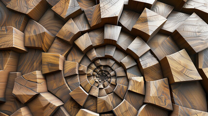 A spiral pattern made from wooden pieces. It looks like a 3D design.