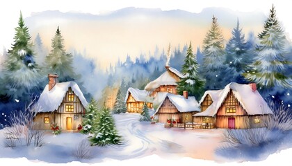 Christmas Eve in the Village - A cozy, tranquil festive village scene painted in soft watercolors style. Graphic art illustration
