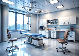 An empty operating room that features a bed along with several chairs, creating a calm and sterile environment for procedures