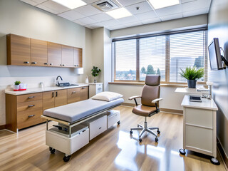 An empty operating room that features a bed along with several chairs, creating a calm and sterile environment for procedures