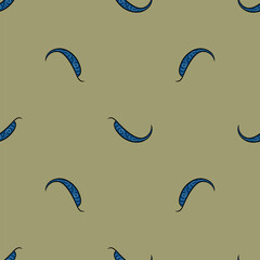 Seamless abstract pattern with paisley motifs. Abstract blue elements on golden yellow background.