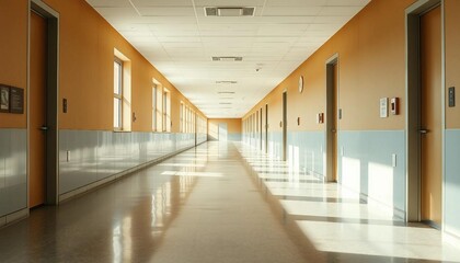 A high school corridor with classroom doors and natural light filling the space.






