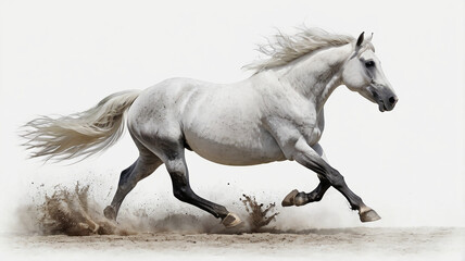 Fototapeta premium An elegant white horse in mid-gallop, its mane and tail flowing gracefully, captured against a pure white backdrop, showcasing its powerful motion and form.