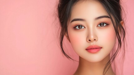 Obraz premium Young Asian woman's face on pink.