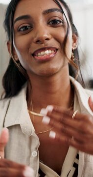 Greeting, woman and video call with face in a office with opinion and hearing conversation. Business person, planning and portrait in a workplace with decision and communication for company job