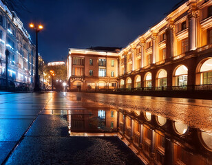 Fototapeta premium Reflection of building in the water at night with street lights in Europe