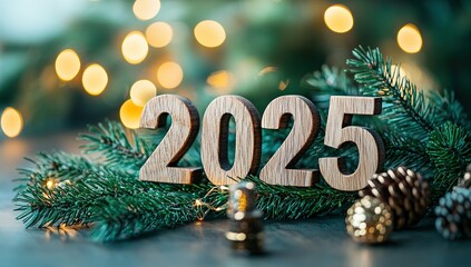 Wooden 2025 Numbers on Evergreen Branches with Christmas Lights