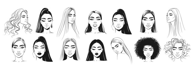 Vector Young Woman Girl Model Face Portrait. Beautiful Lady with Long Black Eyelashes Arched Eyebrows Plump Lips Illustration Isolated on White. Beauty Salon Logo