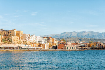 View on old Venetian harbor in Chania city on Crete island, Greece.