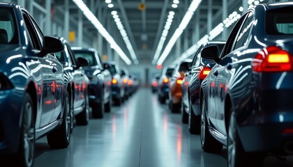 Obraz premium An automobile factory assembly line with vehicles nearing completion, emphasizing depth and symmetry in production technology.