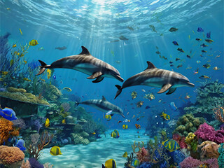 Obraz premium 3d Dolphin Coral Colorful Fish Under the Sea 