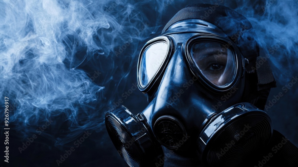 Poster A man wearing a gas mask with smoke coming out of his mouth, AI