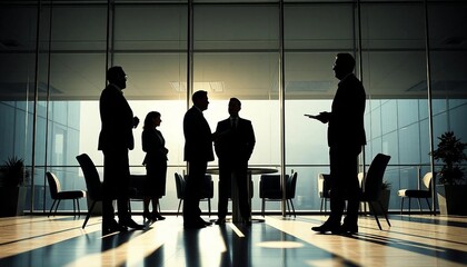 Silhouettes of executives in a glass meeting room, with dramatic lighting and city glow adding depth and contrast to the sleek design.






