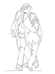 Young couple tourists with backpacks embracing and walking away. Back view. Continuous line drawing. Black and white vector in line art style.