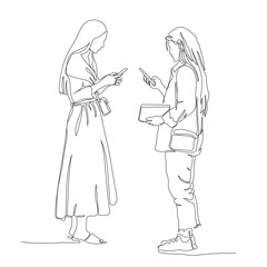 2 young women standing and using phones. Woman at right holding book. Side view. Continuous line drawing. Black and white vector in line art style.