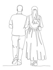 Couple walking away. Woman wear long dress with fluffy skirt and cutout on the back. Back view. Continuous line drawing. Vector in line art style.