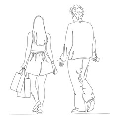 Young couple talking and walking away. Woman with shopping bags and both holding phones. Black continuous line drawing. Vector in line art style.
