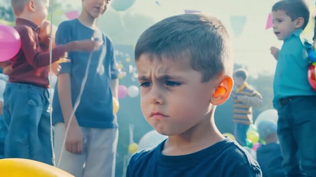 Sad little boy standing alone while other children having fun at birthday party