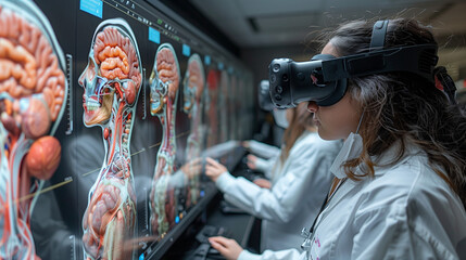 A virtual reality medical education environment, with students wearing VR headsets interacting and analyzing human anatomy holograms on digital screens.