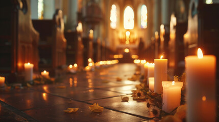 Interior of a Church with Burning Candles on the Floor and Flowers