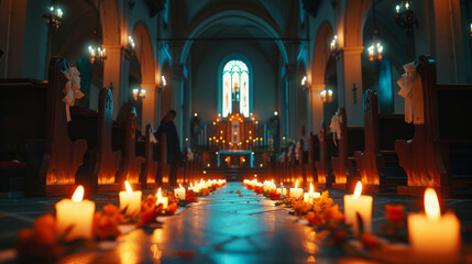 Interior of a Church with Lit Candles and Flowers on the Floor for All Saints' Day