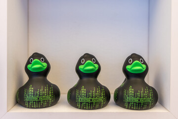 Different rubber ducks on the shelf in the store.