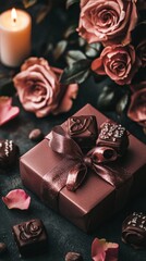 A beautifully wrapped chocolate box with a bow, surrounded by roses and candles, soft romantic lighting, close-up shot, elegant and refined