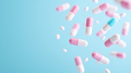 Collection of Pills on Light Blue Background