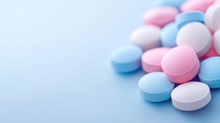 Blue and Pink Pills Scattered on Light Blue Surface