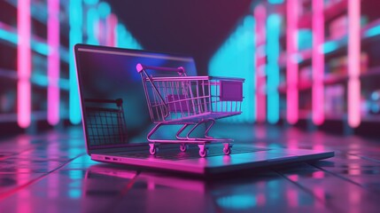 Digital Shopping Cart on Laptop created by ai
