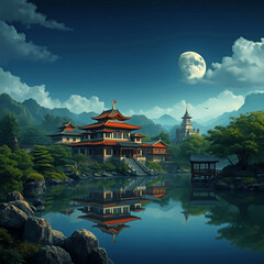 Obraz premium historic old asian house by lake
