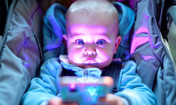 A baby is holding a cell phone in a stroller. The baby is looking at the screen with a frown on his face