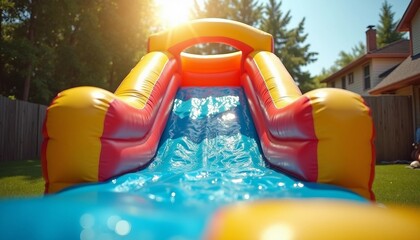 Inflatable bounce house water slide in the backyard, Colorful bouncy castle slide for children playground. 
