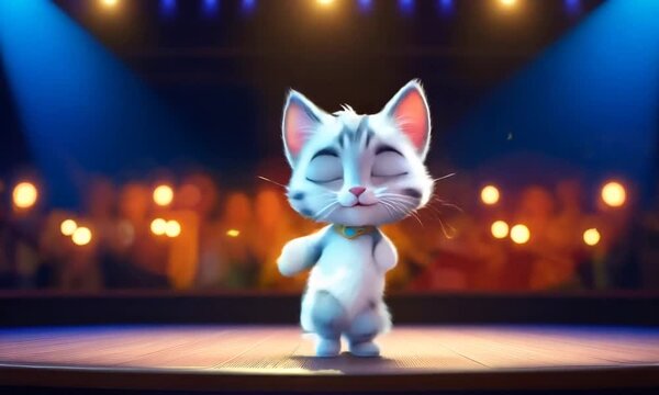 A cartoon cat is on stage performing a dance routine. The cat is wearing a collar and he is enjoying the performance. The scene is set in a theater with a blue backdrop and a spotlight on the cat