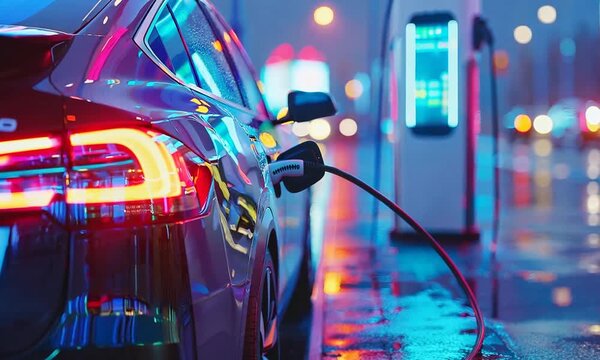 A car is charging at a charging station. The scene is set in a city at night