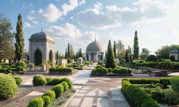 Muslim, Islamic cemetery. A large courtyard with many small buildings and a large fountain. The courtyard is surrounded by trees and bushes