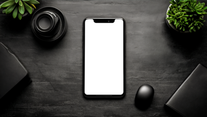 Flat lay of Smartphone on Dark Wood