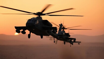 Two attack helicopters fly in sync over a desert at dusk, silhouetted against an orange sky, with depth of field and sunset lighting enhancing the dramatic scene.






