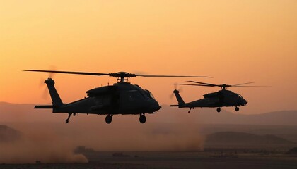 Two attack helicopters fly in sync over a desert at dusk, silhouetted against an orange sky, with depth of field and sunset lighting enhancing the dramatic scene.






