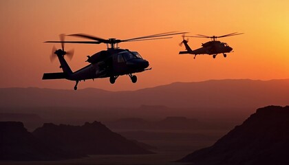 Two attack helicopters fly in sync over a desert at dusk, silhouetted against an orange sky, with depth of field and sunset lighting enhancing the dramatic scene.






