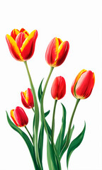 Fototapeta premium Minimalistic illustration of red and yellow tulips on a light background. Concept of springtime, nature, and beauty, suitable for greeting cards, home decor, floral shops, and seasonal marketing.