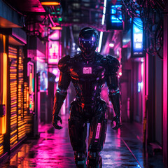 A humanoid robot walking through a neon-lit cyberpunk street.