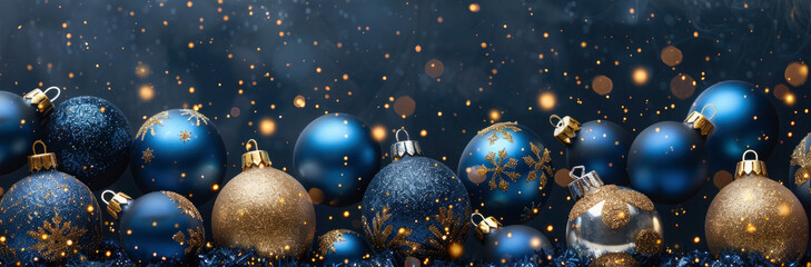 Merry Christmas celebration holiday background greeting card, blue golden christmas baubles balls as decoration, golden bokeh background, space for design or text