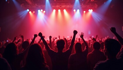 Energetic show moment with audience members as semi-silhouettes, raising their arms. Vibrant stage lights and playful shadows enhance depth of field, creating an immersive, lively atmosphere.






